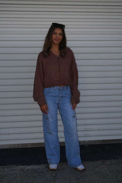 Cropped Knit Zip Up Jacket