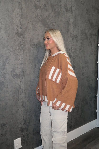 Camel Striped Knit Hoodie