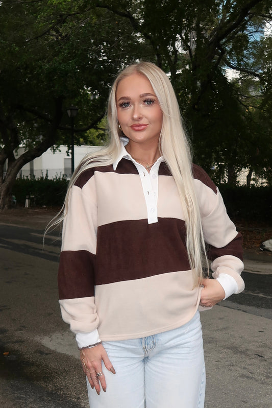 Striped Fleece Rugby Polo Top