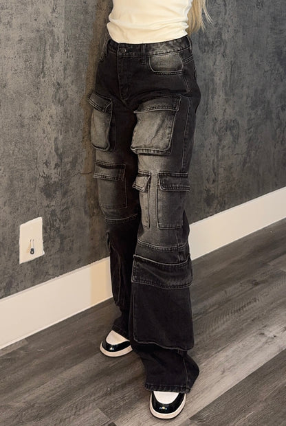 Multi Pocket Black Cargo Jeans