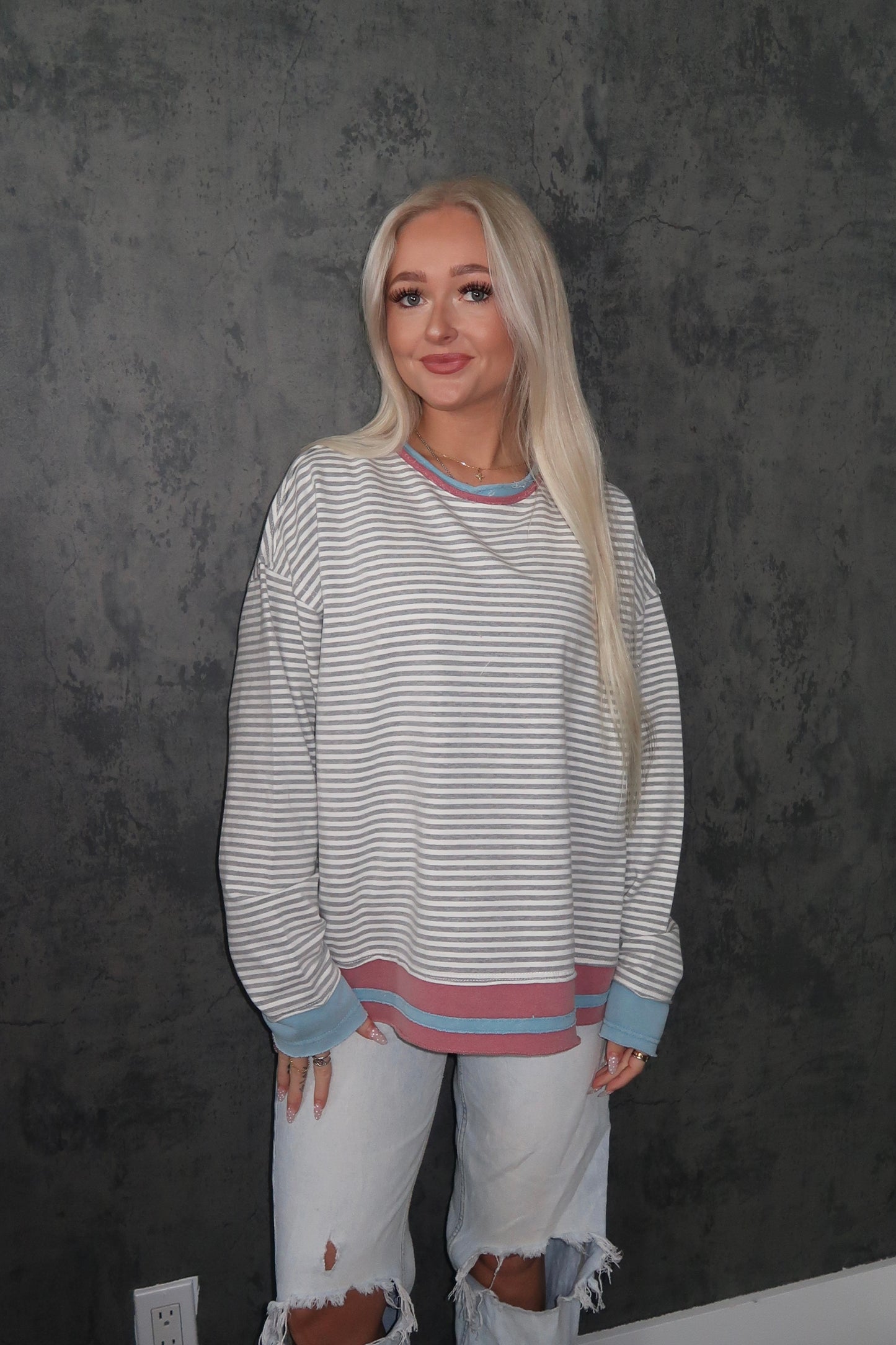 Grey Striped Oversized Long Sleeve