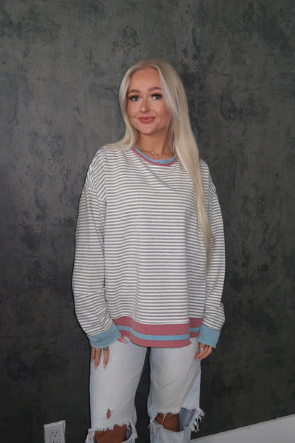 Grey Striped Oversized Long Sleeve