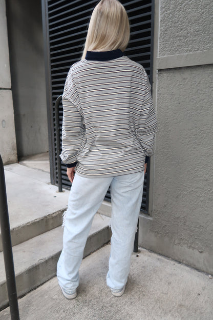 Grey / Navy Striped Rugby Polo
