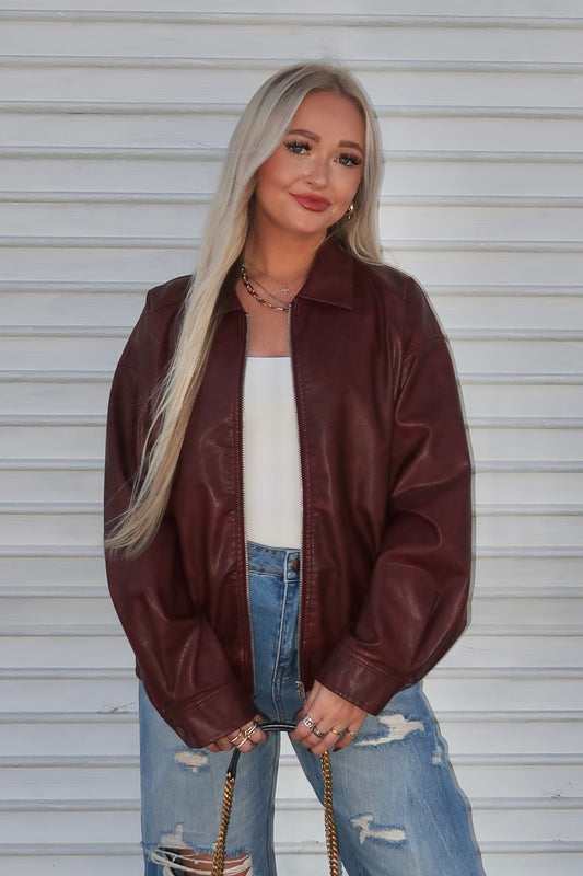 Oversized Leather Jacket- Wine