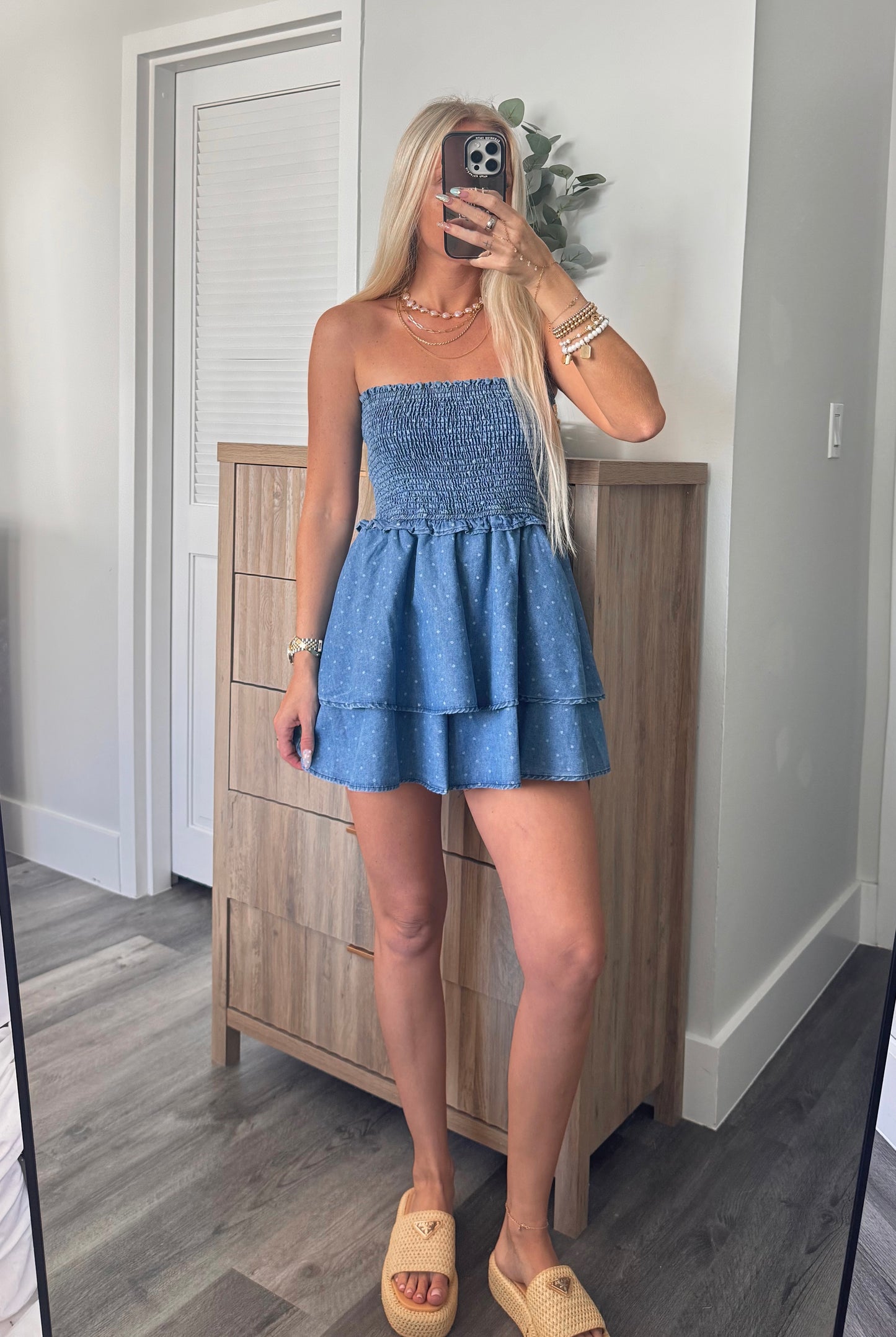 Penelope Polka Dot Denim Romper