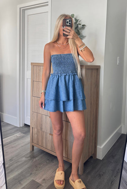 Penelope Polka Dot Denim Romper