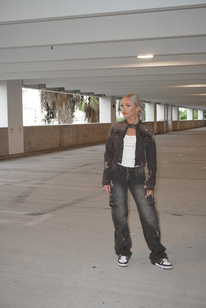 Washed Distressed Cargo Jeans