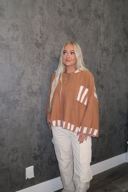 Camel Striped Knit Hoodie